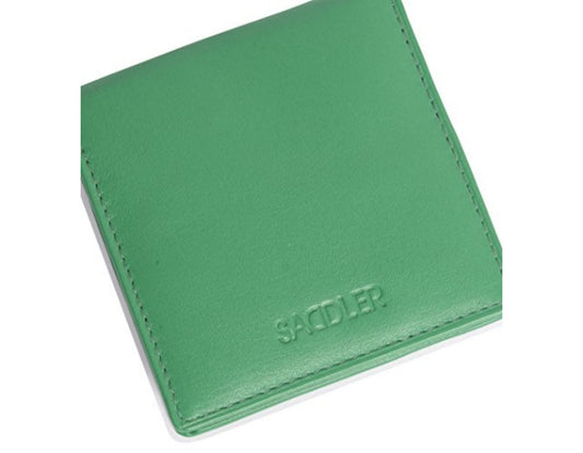 Green leather wallet with 'SADDLER' branding on a white background