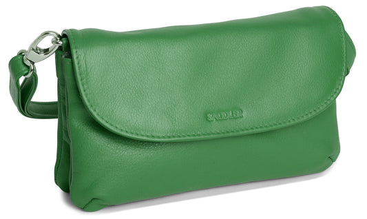 Green leather handbag with a strap on a white background