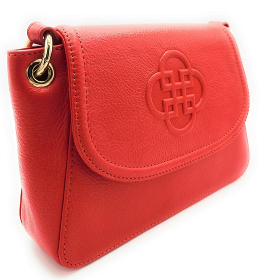 Red handbag with a gold clasp on a white background