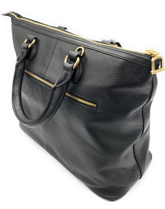 Black leather handbag with gold zippers on a white background