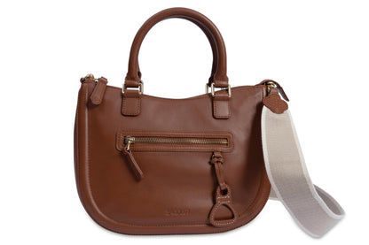 Brown handbag with a strap on a white background