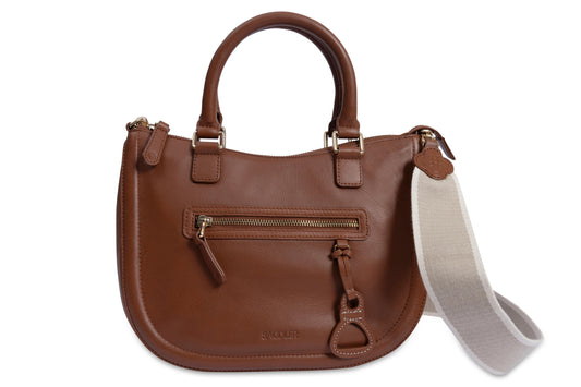 Brown handbag with a strap on a white background