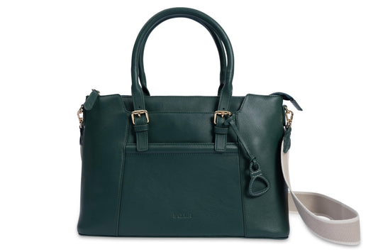 Green handbag with a strap on a white background