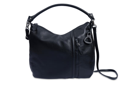 Black leather handbag with a shoulder strap on a white background