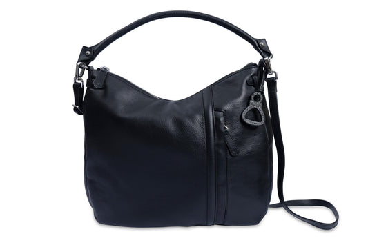 Black leather handbag with a shoulder strap on a white background