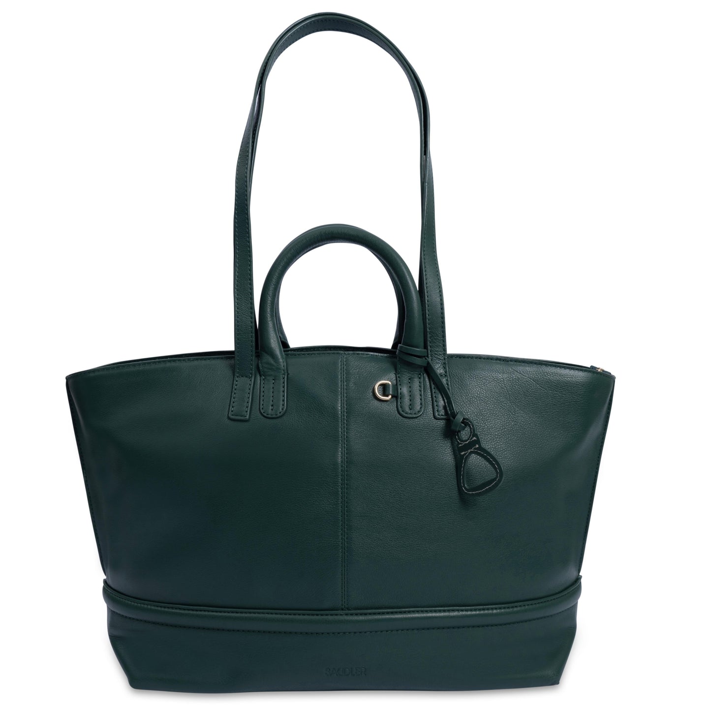 Green leather handbag on a white background