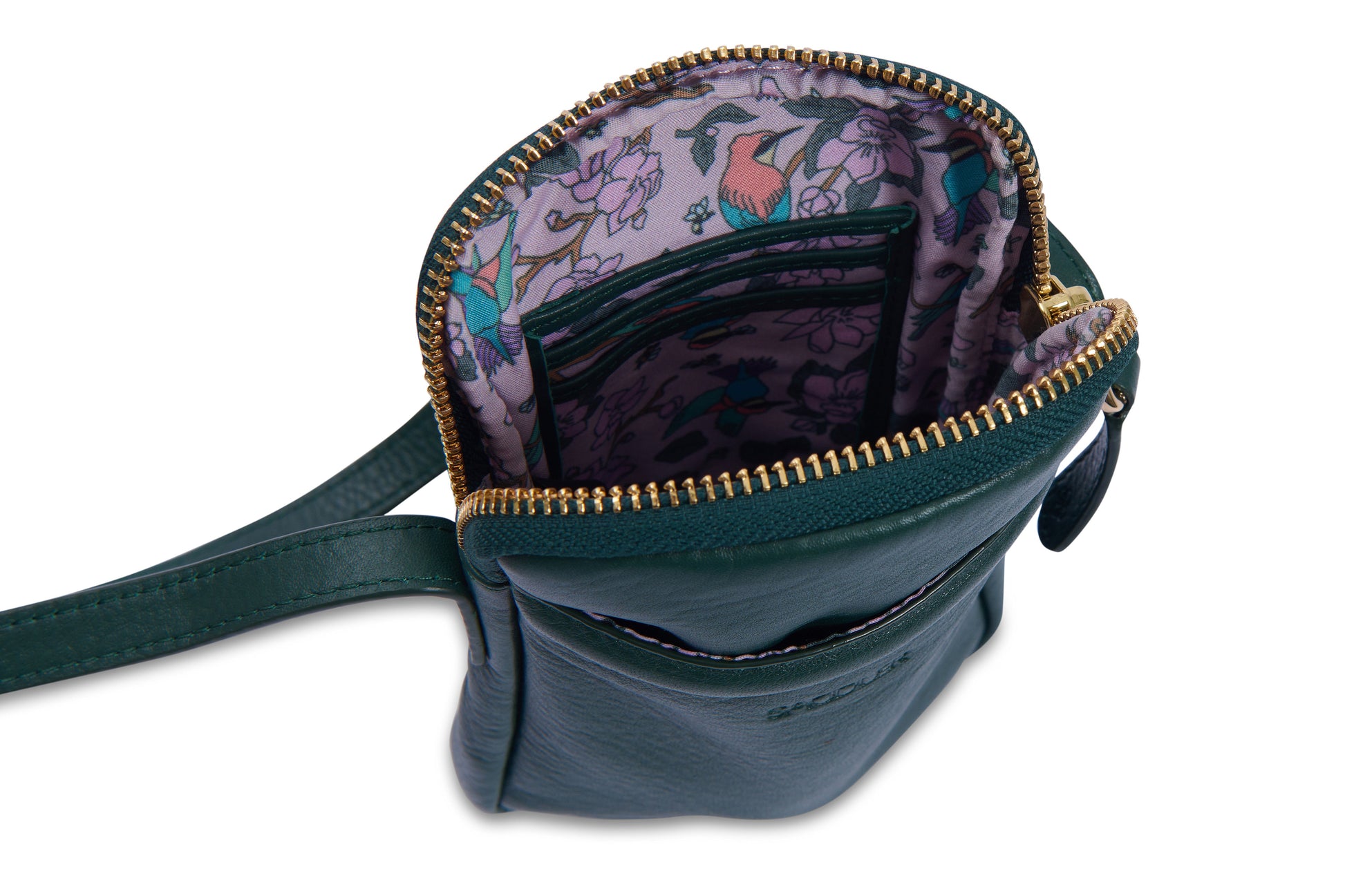 Green crossbody bag with floral interior pocket on a white background