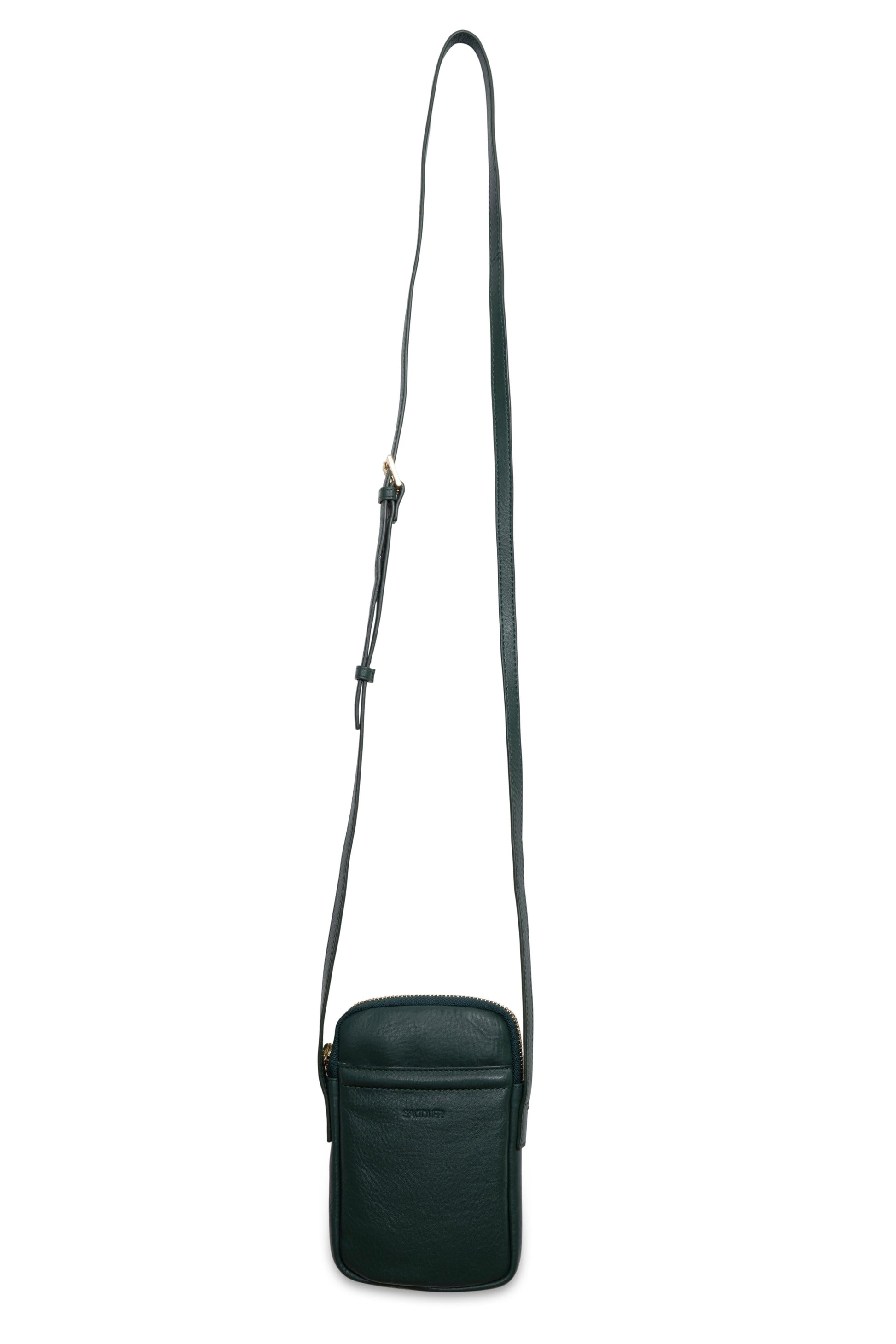 Black crossbody bag with a strap on a white background