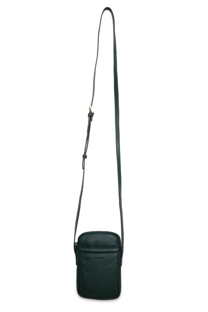 Black crossbody bag with a strap on a white background