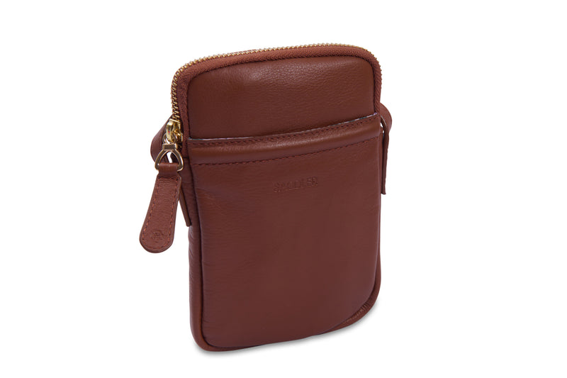 Brown leather pouch with a gold zipper on a white background