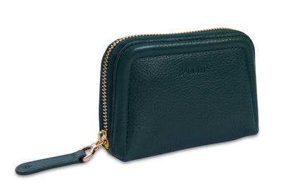 Green wallet with a gold zipper on a white background