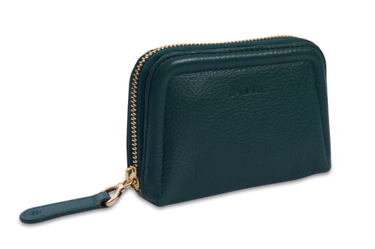 Green wallet with a gold zipper on a white background