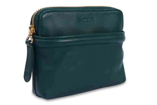 Green leather pouch with a gold zipper on a white background