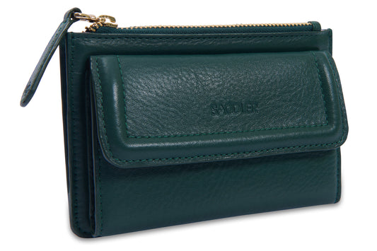 Green wallet with gold zipper on a white background