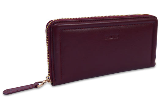 Maroon wallet with gold zipper on a white background