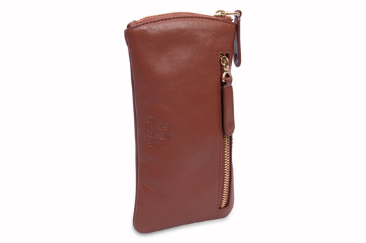 Brown leather wallet with a zipper on a white background