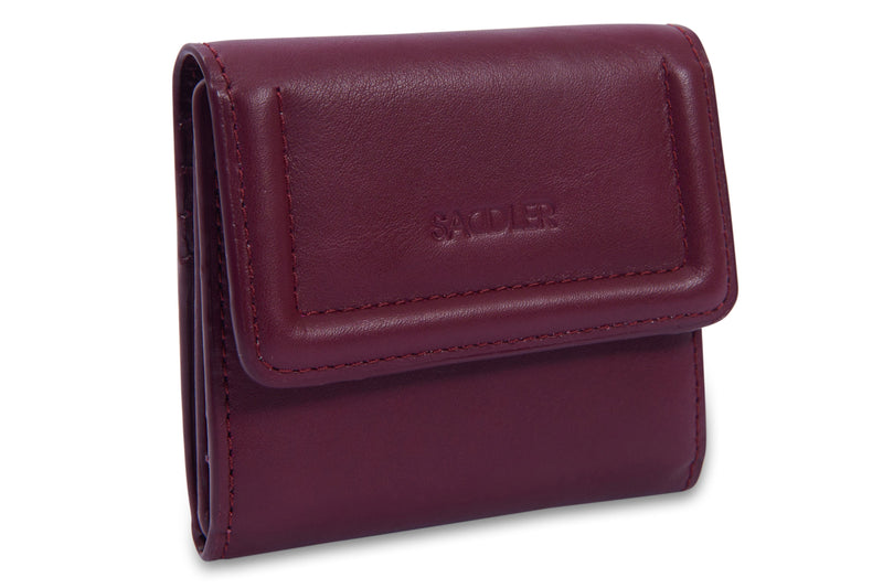 Maroon wallet with brand name on a white background