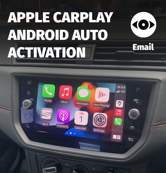 Car dashboard with Apple CarPlay and Android Auto activation screen
