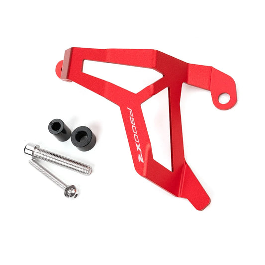 Red metal bracket with screws on a white background