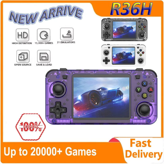 Handheld gaming console with purple and black design, displaying a racing game, on an orange and white background with text and icons.