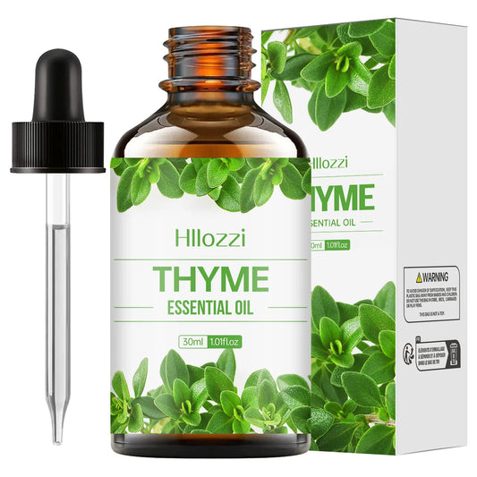 Hilozzi Thyme Essential Oil bottle with dropper and packaging on a white background