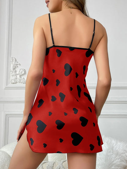 Heart Print Satin Slip Nightdress - V-Neck Backless Mini Dress - Bascora
