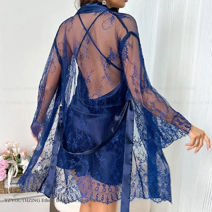 Bridal Silk Satin Robe Set - Lace Nightgown and Bathrobe - Bascora