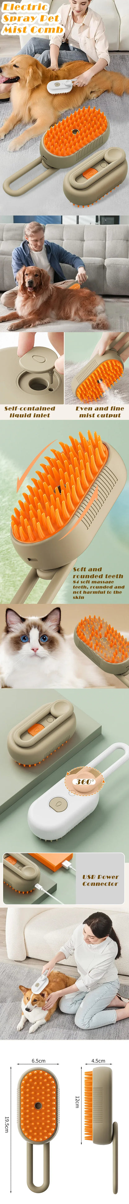 3-in-1 Steam Cat Brush - Grooming, Massage & Hair Removal Tool - Bascora