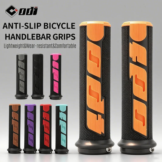 Anti-slip bicycle handlebar grips with ODI branding on a gray background