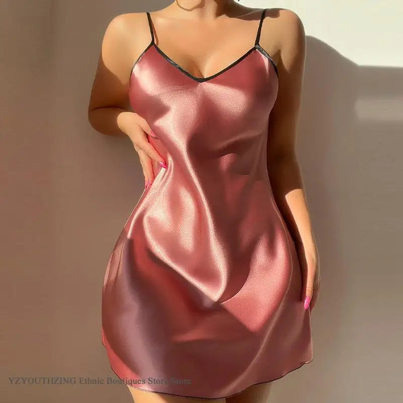 Lace Satin Slip Nightgown - Backless Spaghetti Strap Dress