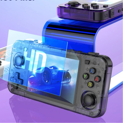 Gaming console with HD color screen protection film on a purple background