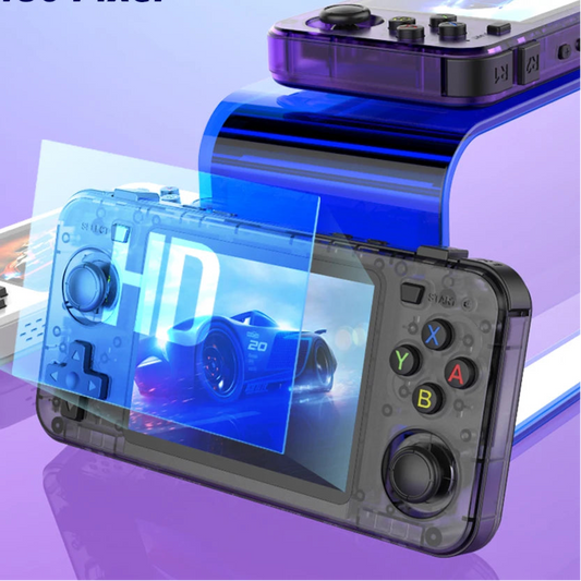 Gaming console with HD color screen protection film on a purple background