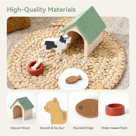 Wooden toy set with animal figures and a house on a woven mat, labeled 'High-Quality Materials'.
