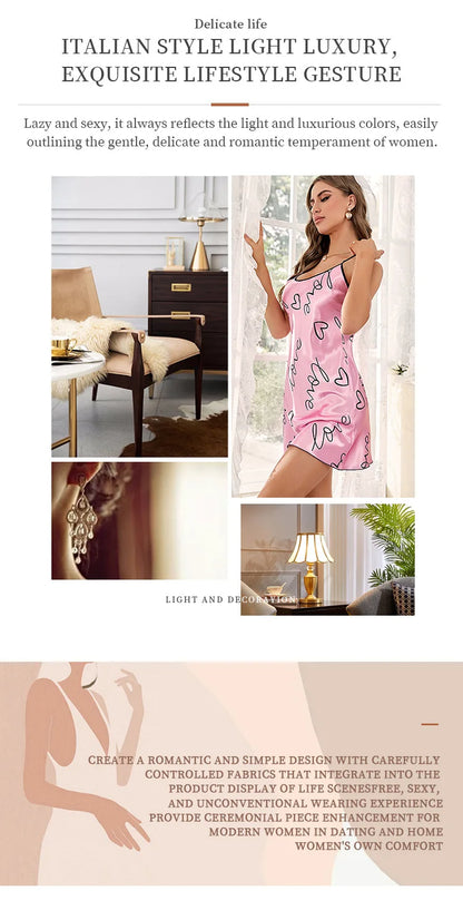 Heart Print Satin Nightdress - Criss Cross Back Sleep Dress - Bascora