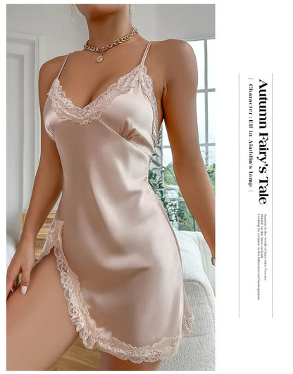 Lace Trim Leopard Nightdress - V-Neck Backless Slip Dress - Bascora