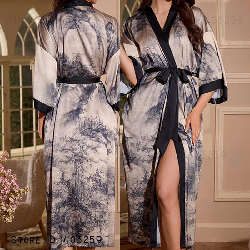 Plus Size Floral Kimono Robe - Silk Satin Loungewear