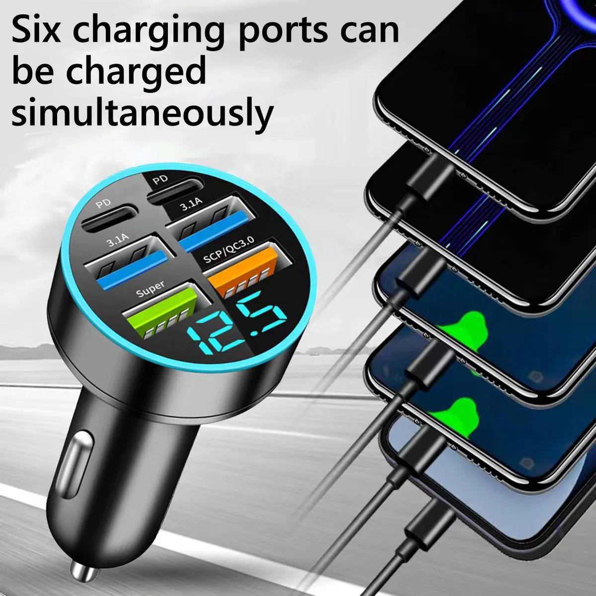 Fast Charging USB Type-C Car Charger - 6 Ports - Digital Display