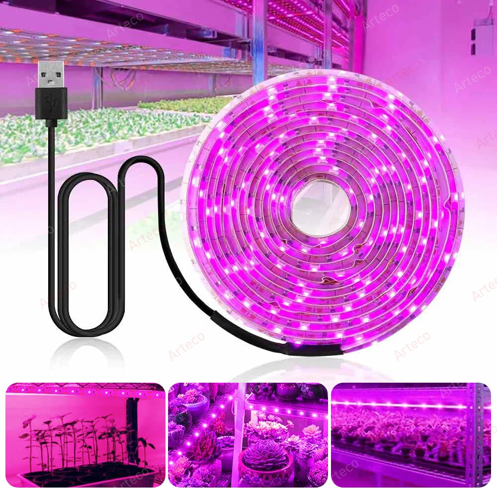Bande lumineuse LED de croissance 5 V USB - 2835 spectre complet, longueurs 1 m/2 m/3 m