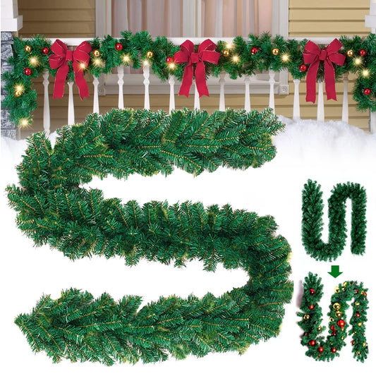Christmas garland with red bows and lights on a railing, with additional garland pieces displayed below.