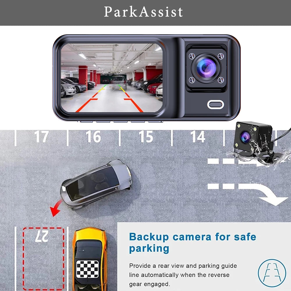 3 Channel Dash Cam for Cars - 1080P Video Recorder