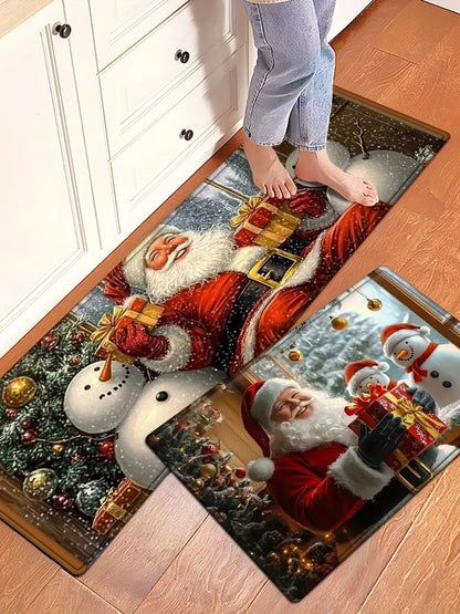 Red Grid Santa Claus Kitchen Floor Mat - Christmas Welcome Rug - Bascora