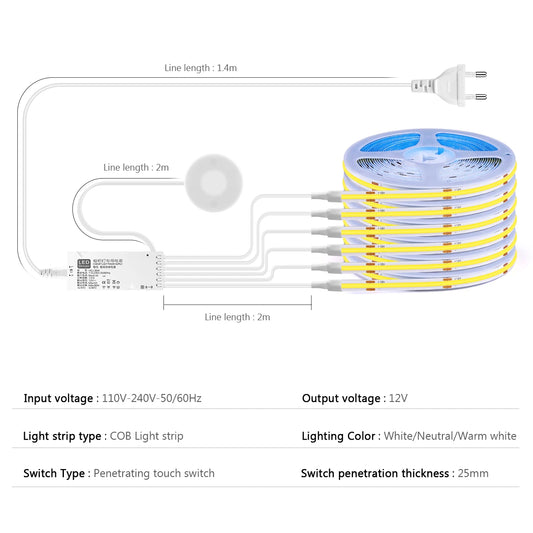 Under Cabinet COB LED Strip - Dimmable Touch Sensor Light