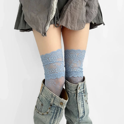 Women's Flower Lace Fishnet Thigh High Stockings - Sweet Frilly Trim - Bascora
