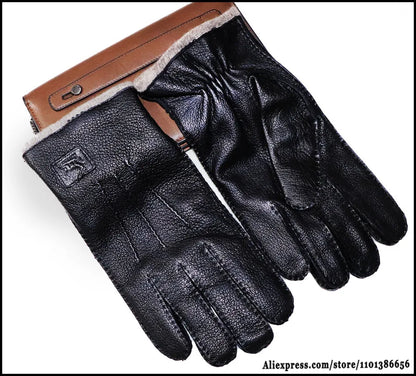 Guantes de piel auténtica de ciervo con textura - Unisex con forro de lana