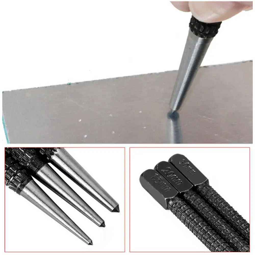 Metal tool being used on a surface with additional images of the tool and its components.