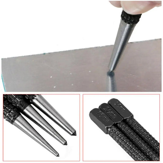 Metal tool being used on a surface with additional images of the tool and its components.