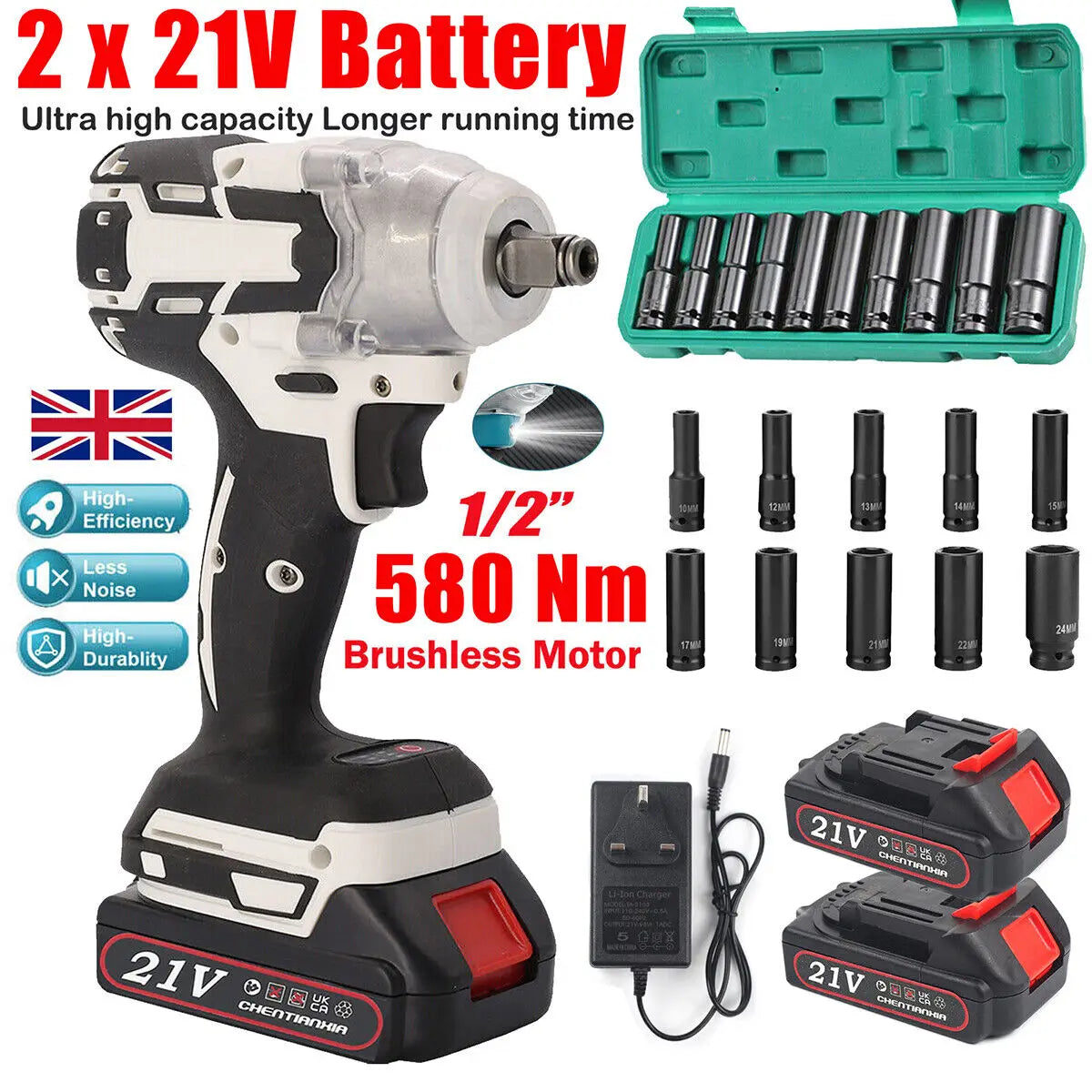 1000Nm 21V Cordless Electric Impact Wrench with 2 Batteries