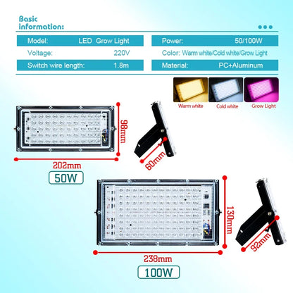 LED Grow Light Floodlight - 220V Indoor Culture Lamp 50W/100W - Bascora