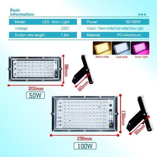 LED Grow Light Floodlight - 220V Indoor Culture Lamp 50W/100W
