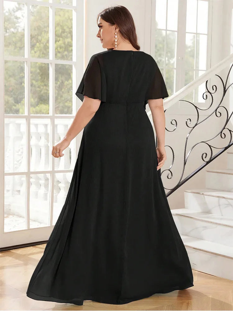 Plus Size Chiffon Evening Dress - V-Neck Bridesmaid Gown
